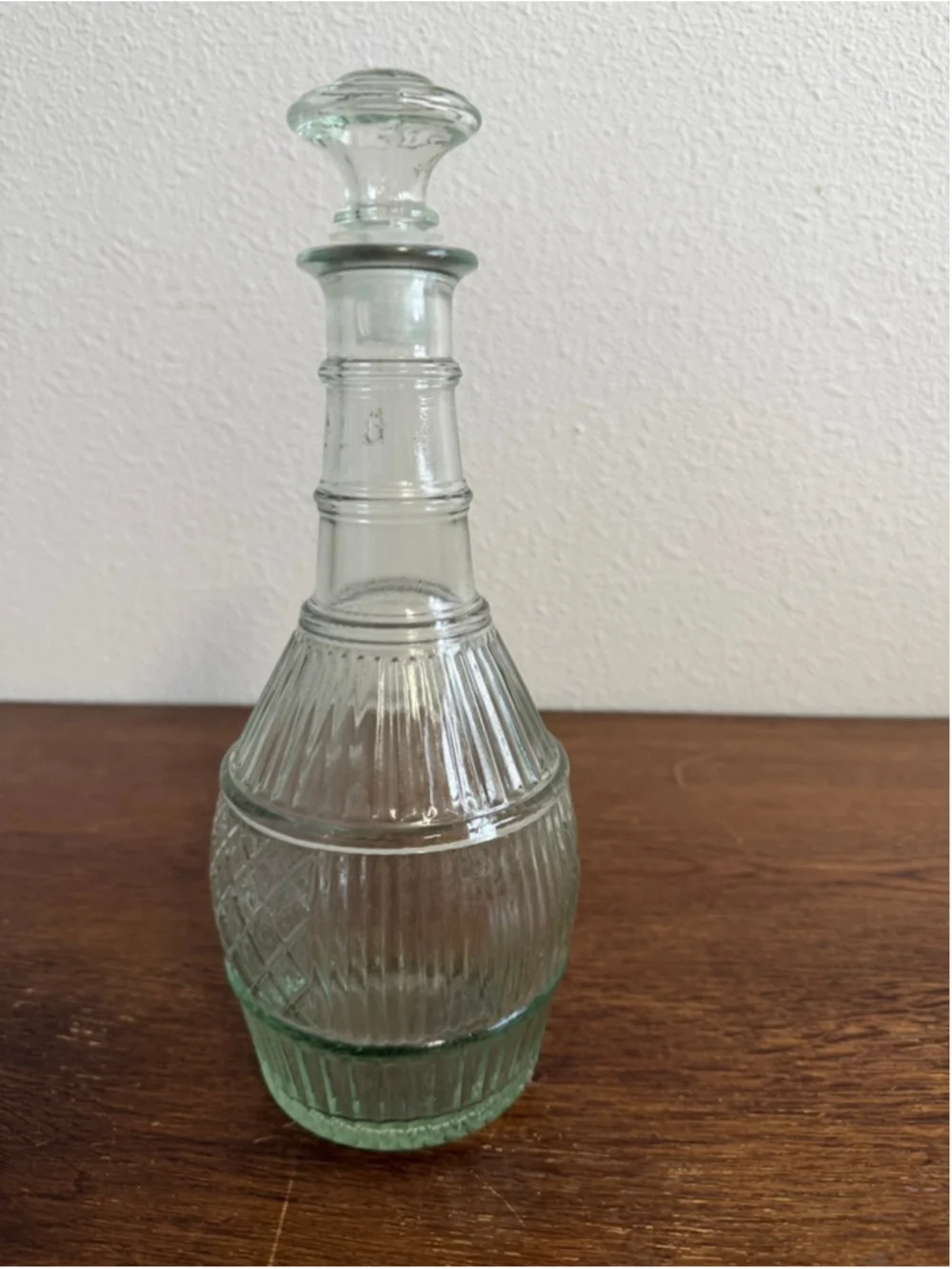 Vintage Clear Glass Decanter Bottle W/ Stopper Ribbed Pressed Glass Barware Cara